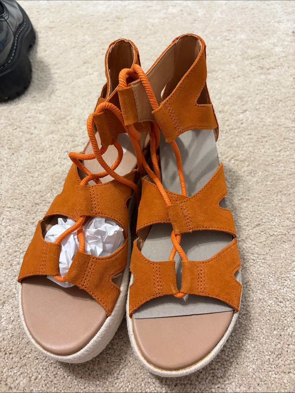 Orange Suede Lace-Up Women's Sandals with Platform Sole